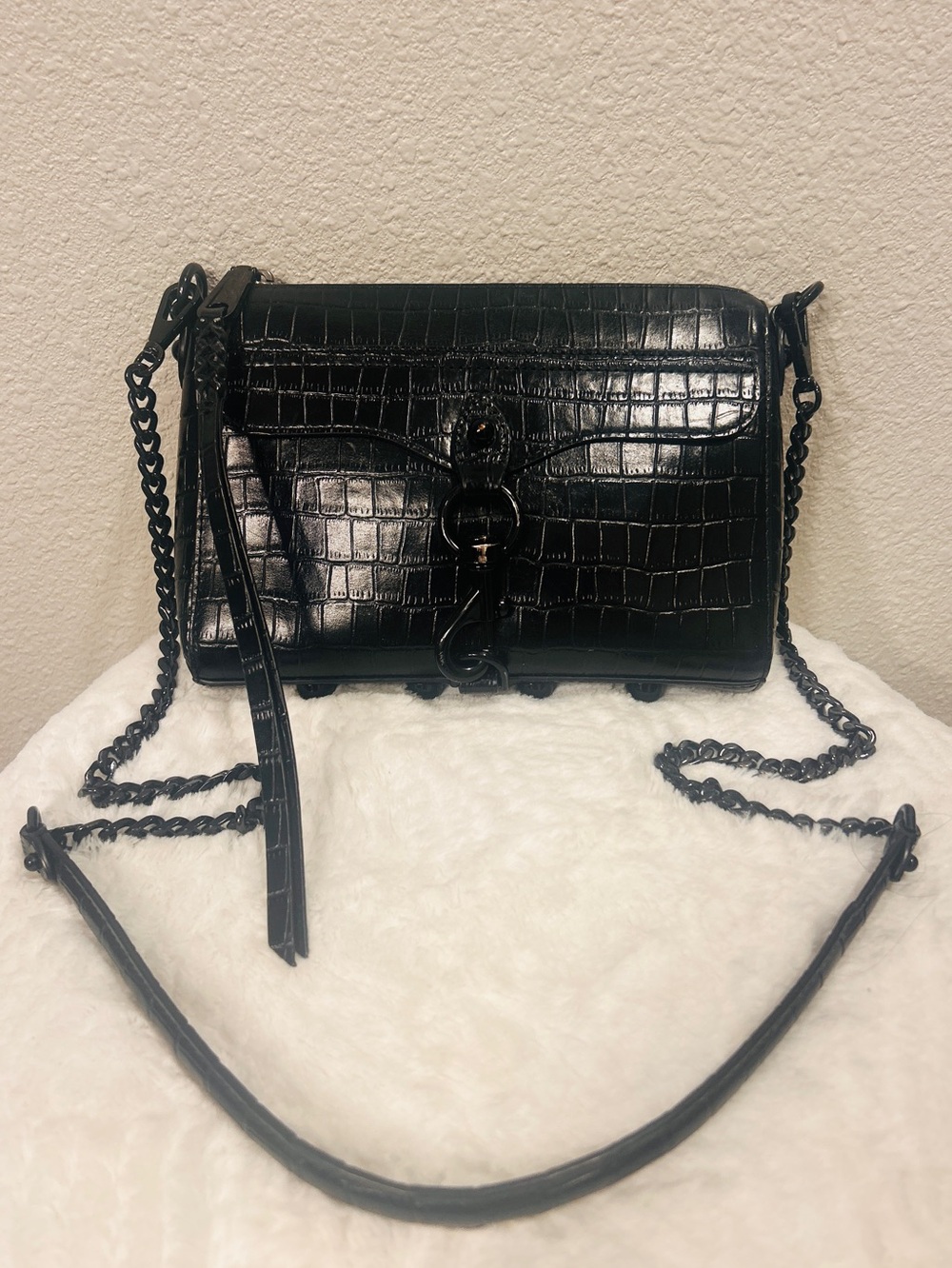 Rebecca Minkoff Black Croc Embossed Black Hardware Crossbody